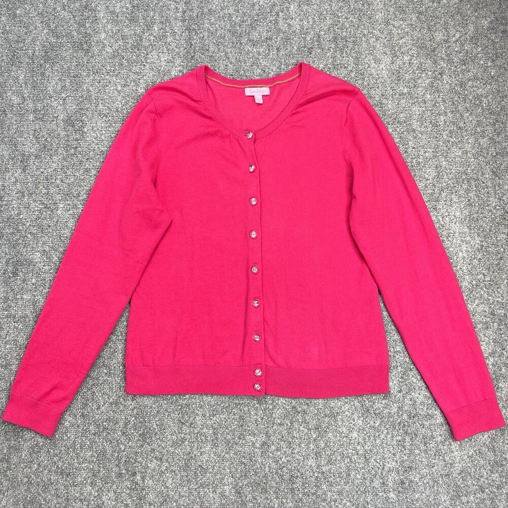 Lilly Pulitzer Cardigan Sweater Womens Large Pink Button Crew Neck Stretch Knit